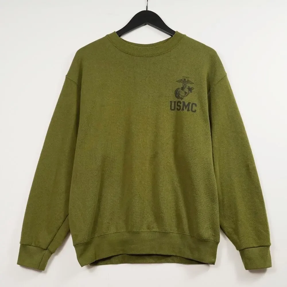 Vintage 80s USMC Army Military Olive Green Crewneck Sweatshirt Medium Navy